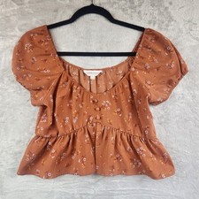 Pink & Rose Crop Top Small Orange Peplum Puffed Sleeves Boho Cottagecore