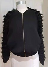 Worn Once ZARA Black TASSLED Lightweight Short BOMBER Evening JACKET M 10 12 14