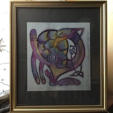 Unique original Batik silk painting, Celtic knotwork bird, in gold frame