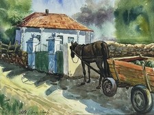 Original Watercolor landscape Painting Horse & wagon Stonewall framed signed