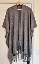 Frank Usher Tassel Trim Embellished Knit Wrap Open Front Poncho, Grey, One Size