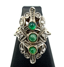 Antique ring with emeralds and diamond rosettes in 18k gold and vintage...