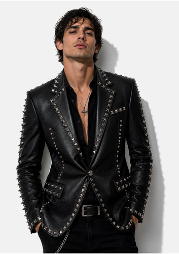 Men black studded - black, leather