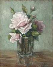 Still Life Roses In Vase - Oil Painting - 20th Century - Indistinctly Signed