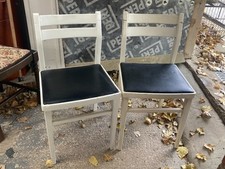 Vintage Retro White Painted Wooden Kitchen Dining Chairs x 2 Black Vinyl Seats