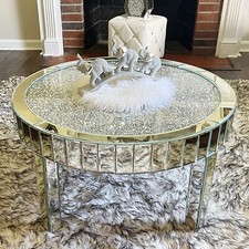 Stunning Mirrored Round Coffee Tables Silver Accent Table w/ Stable Tapered Legs