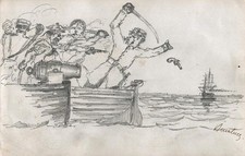 SMALL BOATS FIRING ON NAVY SHIP Pencil Drawing c1860 SIGNED