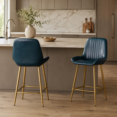 Bar stool blue ribbed leather - bar,