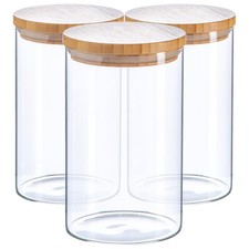 3x Scandi Glass Storage Jars with Wooden Lids Kitchen Food Canister 1 Litre