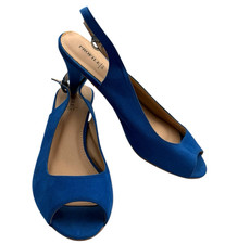 Profile Kitten Heel Slingback Shoes Women’s UK Size 6 Peep Toe Faux Suede Blue