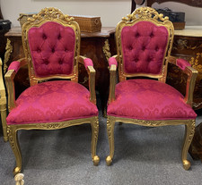 Pair Gilt Louis XVI Style Armchairs Rococo Pink Silk Baroque Fabric (Film Prop)