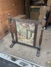 Edwardian Fire Screen Carved Ornate Embroidered Tapestry Cottage Farmhouse 