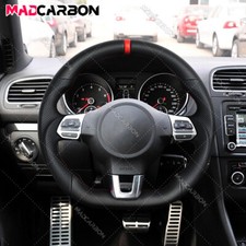 Black Leather Flat Steering Wheel For 2008-2014 VW Golf 6 MK6 GTI Red Stitching