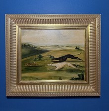 Antique Late 19th Century Hunting Greyhounds Chasing Hare Oil Painting