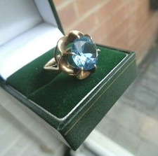 9ct  Gold Ring LARGE Blue Topaz hallmark  1969 Birmingham Statement Ring  size J