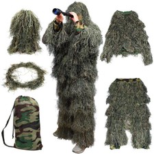 5PCS Woodland Camouflage Ghillie Burlap Suit Clothes Forest Hunting Sniper New