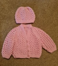 Handmade Pink Wool Knitted Baby Girl Cardigan And Beanie Hat