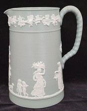 Antique Dudson jasperware jug - sage green, glazed interior - 18.5 cm