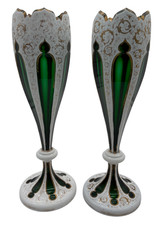 Pair Vintage Bohemian Glass Vases Emerald Gilt Enamel Floral Czech - C120 O933