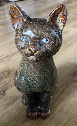 Large pottery green cat - green,