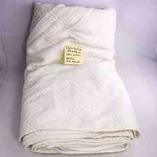 Vtg 1990s White Cotton Jacquard Double Bedspread Diamond Weave Big Heavy 87x94"