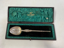 CASED LARGE ANTIQUE SILVER GILT ANOINTING SPOON