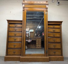 Mid Victorian Reformed Gothic Pollard Oak & Ebonized Breakfront Wardrobe