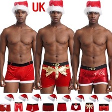UK Men's Christmas Lingerie Set Santa Outfits Bikini Underwear Red Santa Hat