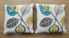 NEW (Other) Pair NEXT Cotton Flock RETRO LEAF Zip Cushions - 43cm TEAL YELLOW