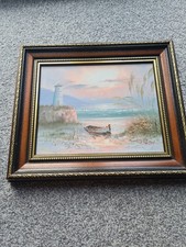 Oil Painting Lighthouse Scene With Sea And Boat Signed By Artis
