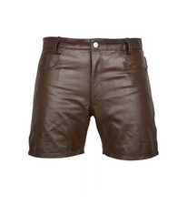 Mens Brown Genuine Cowhide Leather Shorts Casual 5 Pocket Real Leather Shorts