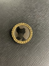 Antique Victorian Mourning Brooch – Tintype Photograph, Brass Frame, Late 1800s