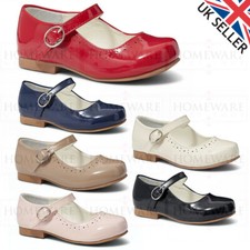 GIRLS MARY JANE SHOES SPANISH STYLE PATENT FLAT RED IVORY NAVY WHITE CAMEL PINK
