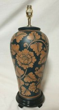 Handpainted Terracotta Thai Blossom Table Lamp Dark Blue