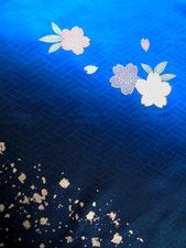 [AYANE]  CHERRY BLOSSOMS BLUE/BLACK 1 - Japanese Silk  KIMONO Fabric