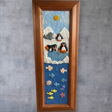 Penguin Sea Scene picture hand made fimo clay  figures framed