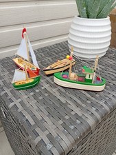 4 Vintage Small  Handmade Wooden Model Boats Good Condition