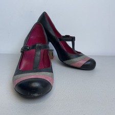 Faith Leather T Bar Heel Shoes Grey Pink Vintage Style UK 4