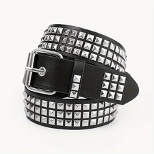 Unisex Leather Belt 3 Row Pyramid Studded Silver Belt Punk Goth Accessories NEW