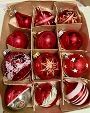 12 Red Vintage Glass Christmas Tree Baubles- Mixed styles