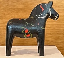 Vintage Black Wooden Hand Painted Dala Horse - Swedish Folk Art