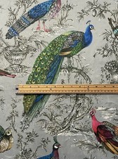 Peacock Silver Grey Printed Velvet Fabric Pheasant Upholstery Curtains Art Craft