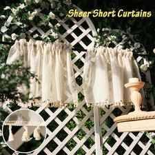 Vintage Tassel Linen Short Sheer Curtains Cafe Net Curtain Kitchen Short Valance
