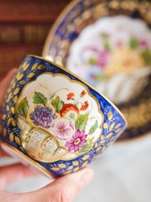 1805s Antique Minton Porcelain Tea Cup And Saucer, Cobalt Blue Painted Florals