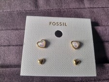 FOSSIL Heart Earring Set Gold Tone & Mother Of Pearl New Unused