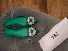 shoes zara, green silk embellished toe