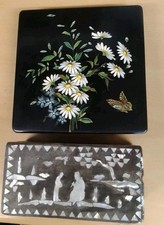 Two Wooden Jewellery Trinket Boxes, Mother Of Pearl & Laquer