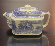 Porcelain 1996 RINGTONS Small Box Shape Teapot Blue, White Vintage Willow Design