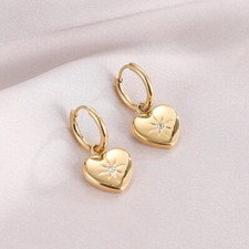 18ct Gold-Plated 14mm Hoop Earrings with Heart Charm & Cubic Zirconia Stone