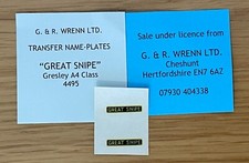 WRENN & Hornby Dublo Gresley A4 Transfer name plates  "GREAT SNIPE" W2209A + M2